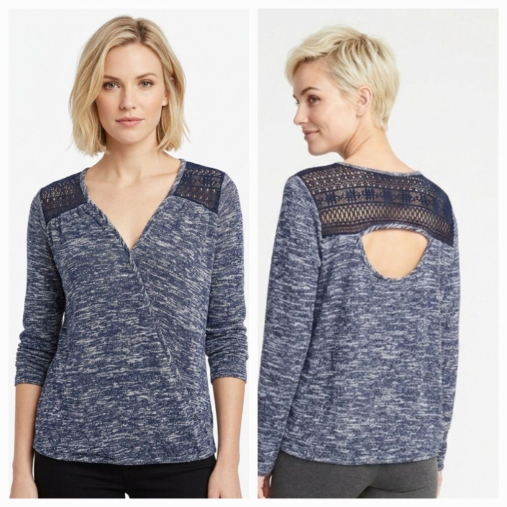 Maurices sweater 1X Blue Heathered Knit V-Neck Long Slv Crochet Lace open Back